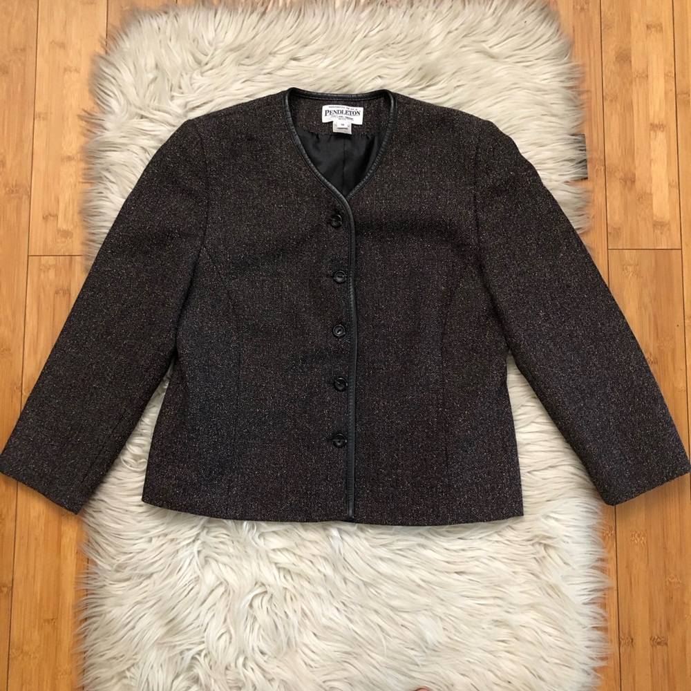 Pendleton Wool Confetti Tweed Collarless Button Up Brown Gold Blazer Jacket 10
